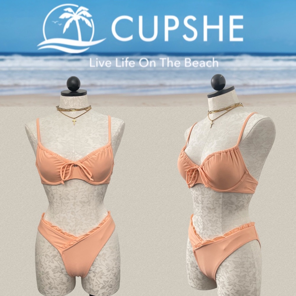 CUPSHE High-Cut Two-Piece Bikini V-Bottoms Ruffled Scrunched Top Apricot Peach S